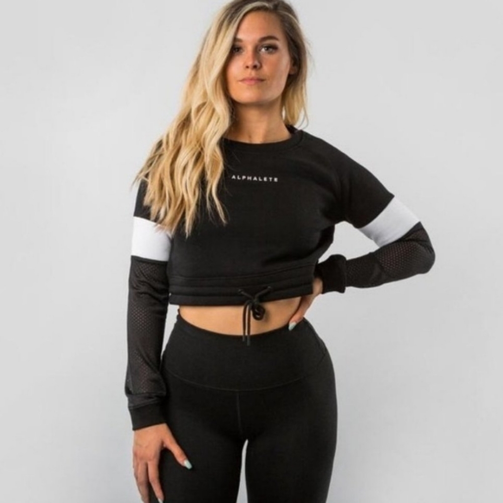 Alphalete Black Banded Crop Sweater Mesh Sleeve